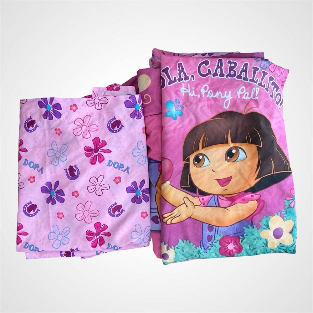 RARE Dora The Explorer Fitted Crib Sheet Toddler Bed Comforter Flat Sheet Pillow
